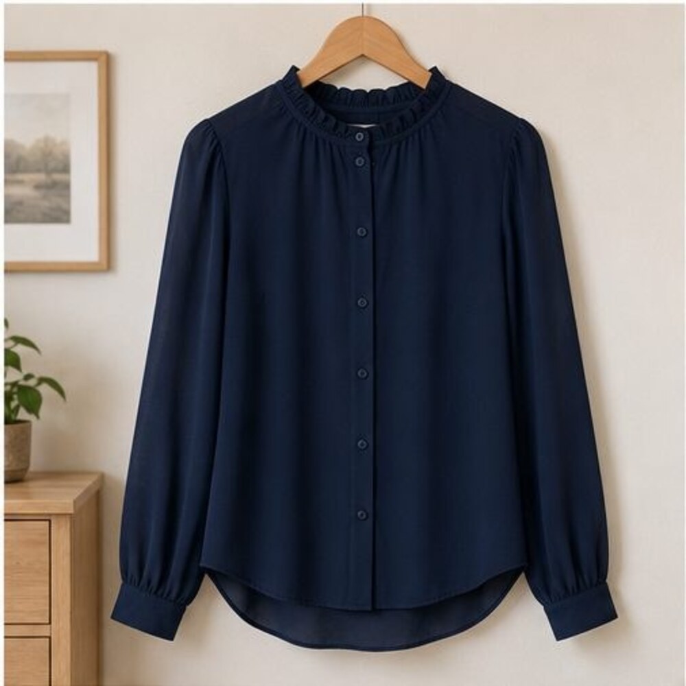 Navy Ruffle Collar Blouse